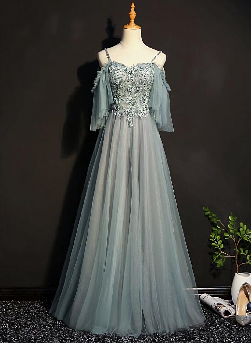Light Green Tulle A-line Off Shoulder Party Dress, Long Prom Dress