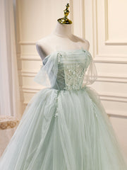 Light Green Tulle Beaded Sweetheart Long Prom Dress, A-line Green Formal Dress
