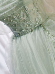 Light Green Tulle Beaded Sweetheart Long Prom Dress, A-line Green Formal Dress