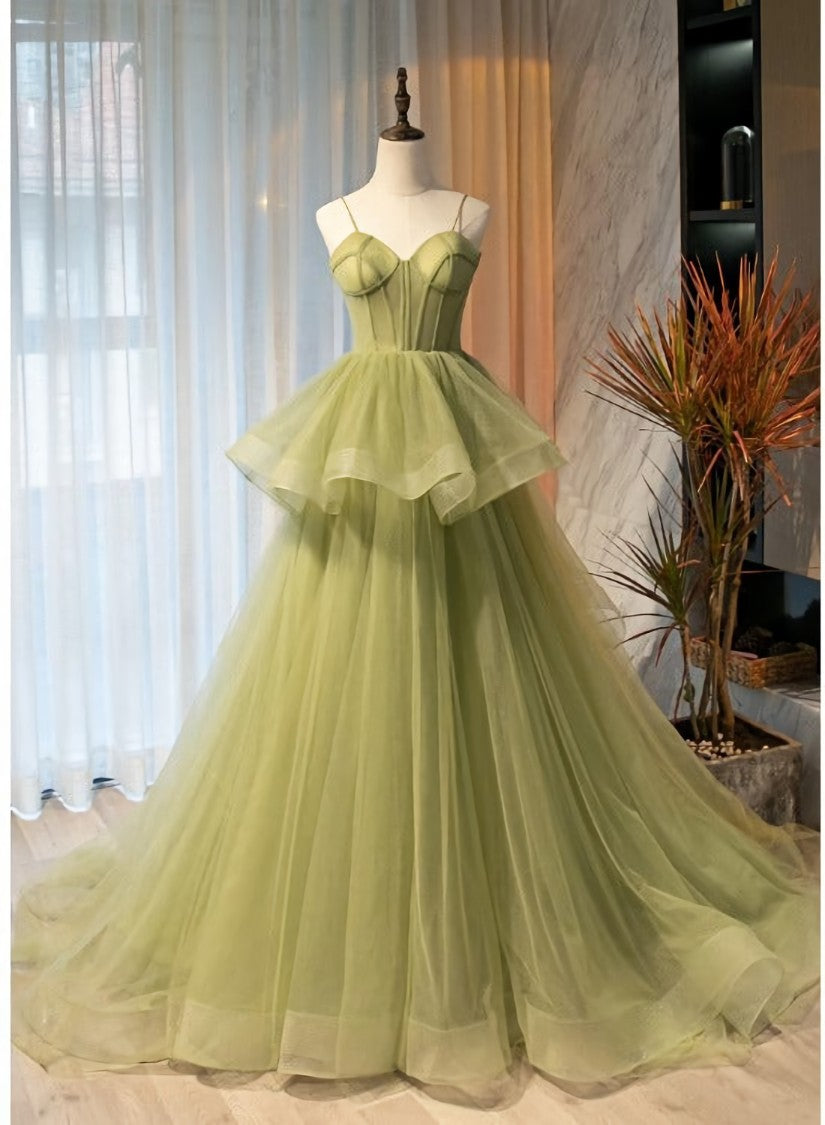 Light Green Tulle Layers Ball Gown Wedding Party Dress, Long Evening Dress Prom Dress