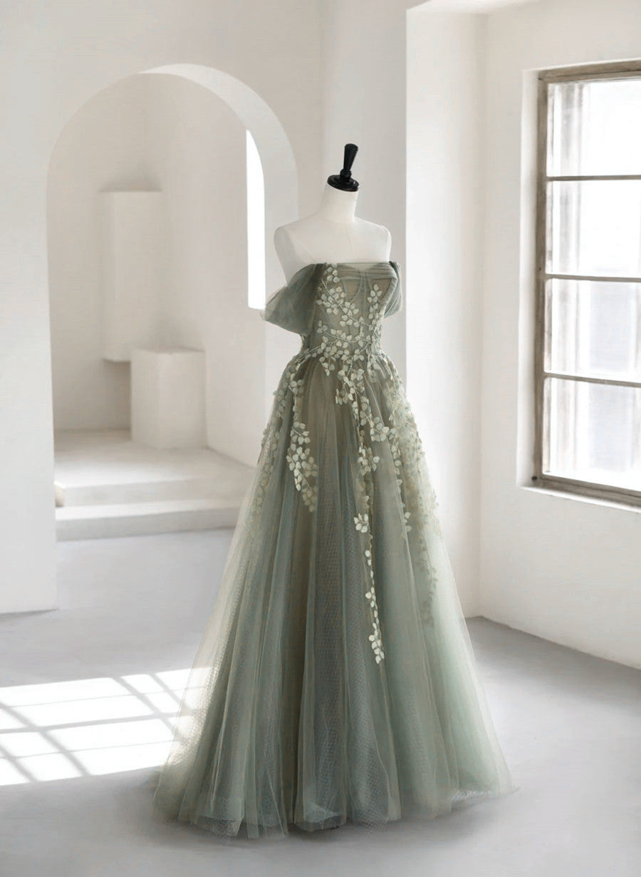 Light Green Tulle Sweetheart A-line Long Party Dress, Tulle Off Shoulder Prom Dress