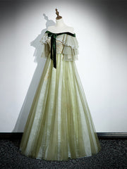 Light Green Tulle with Lace A-line Long Party Dress, Light Green Evening Dress Prom Dress