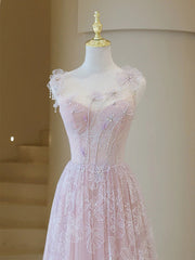 Light Pink Round Neckline Lace Long Prom Dress, A-line Pink Floor Length Party Dress