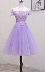 Light Purple Lace And Tulle Off The Shoulder Homecoming Dress, Short Party Dress