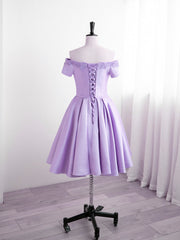 Light Purple Satin Short Party Dress with Lace, Cute Short Homecoming Dress