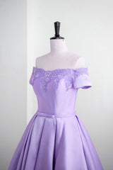 Light Purple Satin Short Party Dress with Lace, Cute Short Homecoming Dress