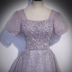 Light Purple Sequins Short Sleeves Party Dress, Purple Formal Dresses