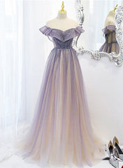 Light Purple Shiny Tulle Gradient A-line Sweetheart Prom Dress, Long Tulle Formal Dress
