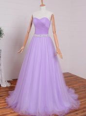 Light Purple Sweetheart Simple Beaded Waist Long Party Dress, Tulle Evening Gown Prom Dress
