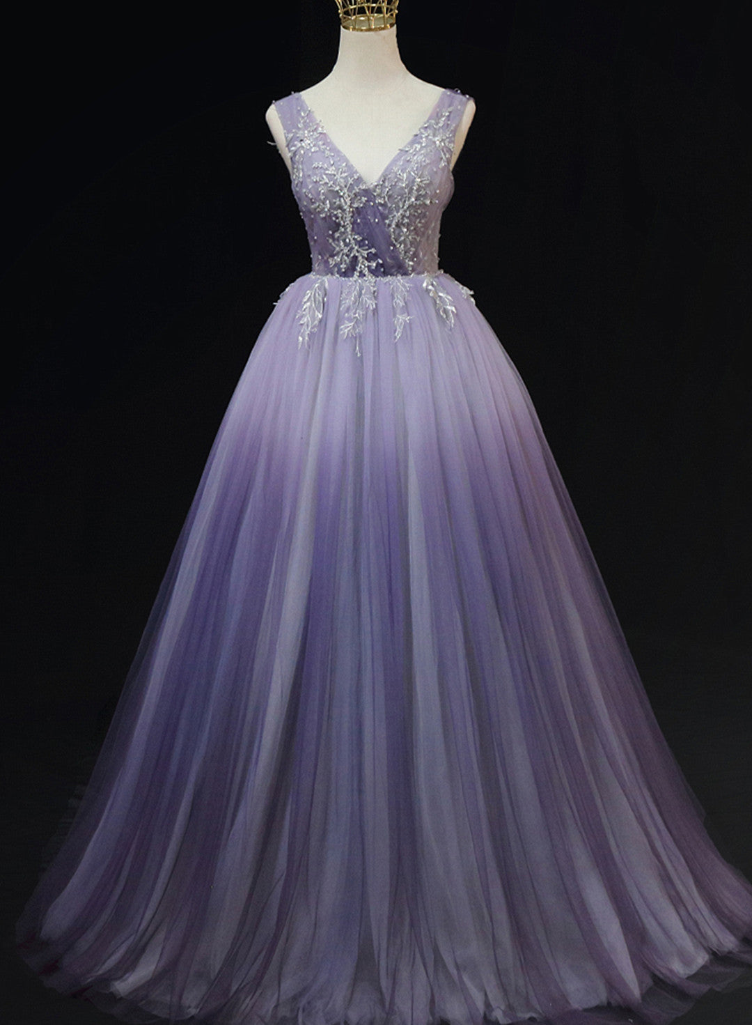 Light Purple Tulle Gradient Lace Applique Formal Dress, Long Prom Dress