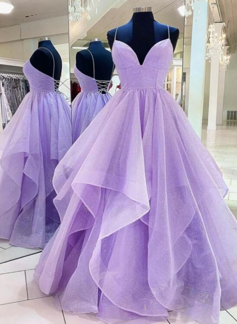 Light Purple Tulle Lace-up Layers Long Evening Gown, Shiny Tulle Junior Prom Dresses