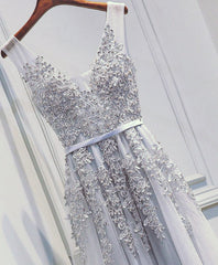 Light Sliver Grey Lace Applique V-neckline Long Party Dress, Light Grey Wedding Party Dress