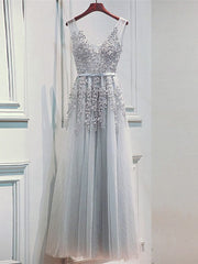 Light Sliver Grey Lace Applique V-neckline Long Party Dress, Light Grey Wedding Party Dress