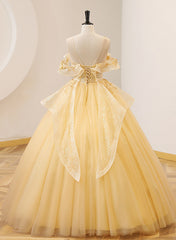 Light Yellow Tulle with Beadings and Lace Party Dress, Yellow Tulle Prom Dress