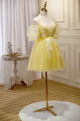 Light Yellow Tulle with Lace Puffy Sleeves Party Dress, Yellow Homecoming Dresses