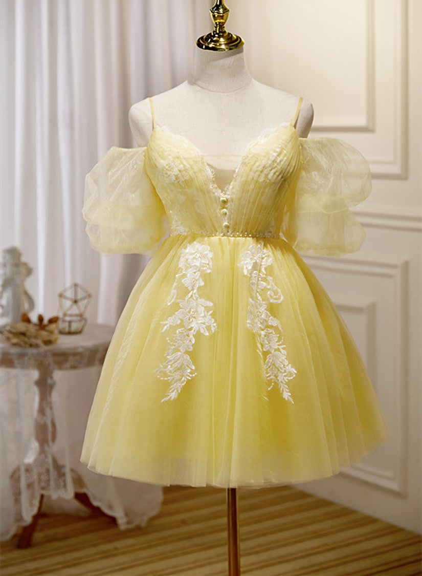 Light Yellow Tulle with Lace Puffy Sleeves Party Dress, Yellow Homecoming Dresses