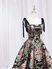 Black Floral Floor Length Prom Dress, A-Line Black Evening Dress