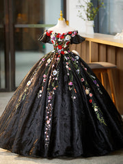 Black Tulle Long Prom Dress with Lace Flowers, Beautiful Off Shoulder Evening Gown