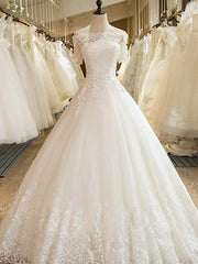 Long A-line Off Shoulder Court Train Lace Tulle Wedding Dresses with Sleeves