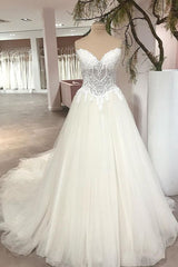 Long A-Line Sweetheart Backless Tulle Appliques Lace Wedding Dress