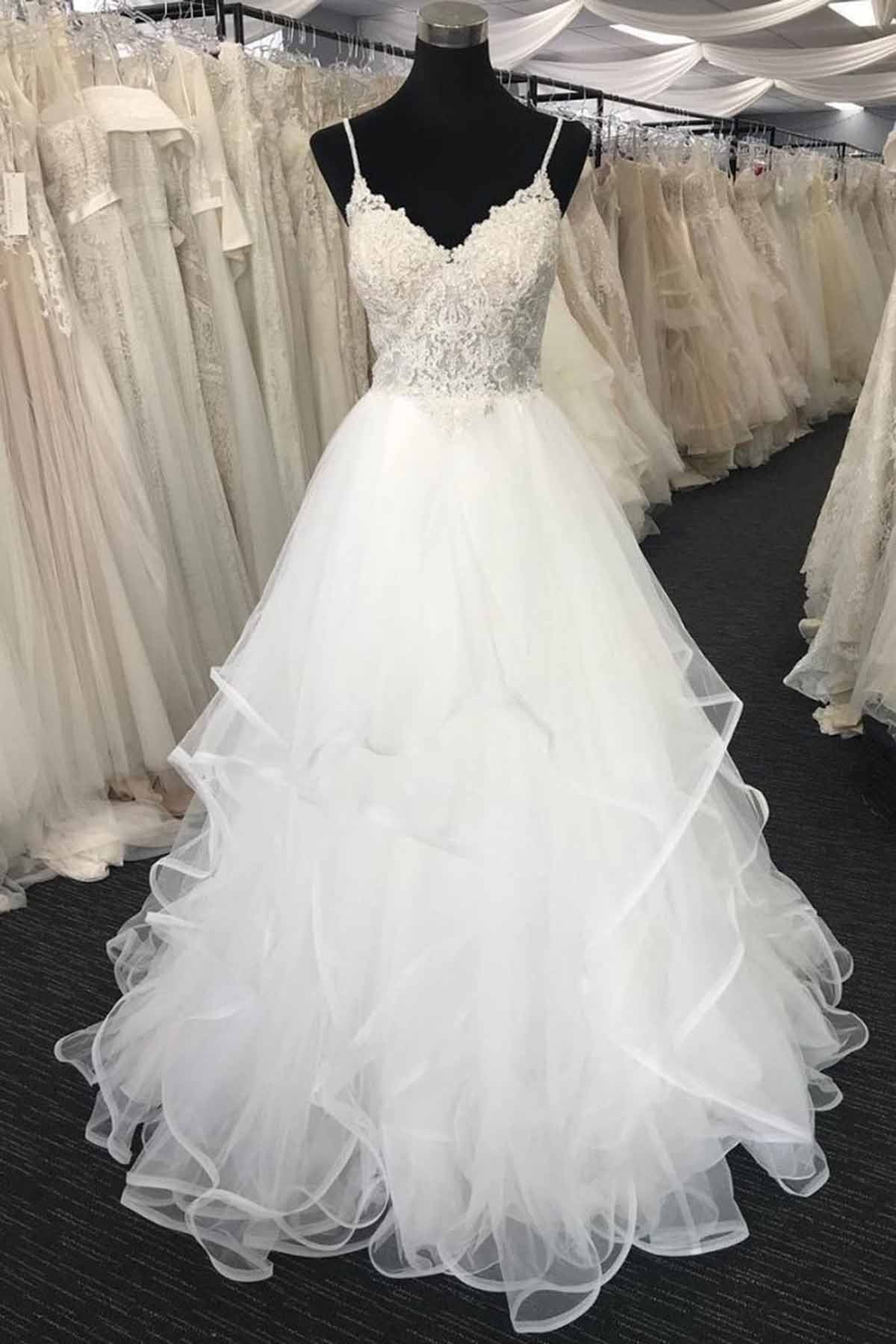 Long A-line Sweetheart Spaghetti Straps Lace Tulle Wedding Dress