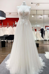 Long A-line Tulle  Open Back Halter Sleeveless Lace Wedding Dresses
