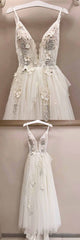 Long A-line Tulle V Neck Lace Applique Wedding Dress