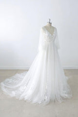 Long A-line V-neck Appliques Lace Tulle Backless Wedding Dress with Sleeves