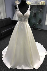 Long A-Line V Neck Halter Satin Wedding Dress