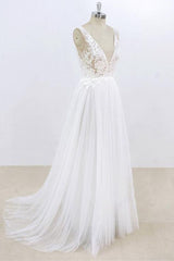 Long A-line V-neck Lace Tulle Open Back Wedding Dress