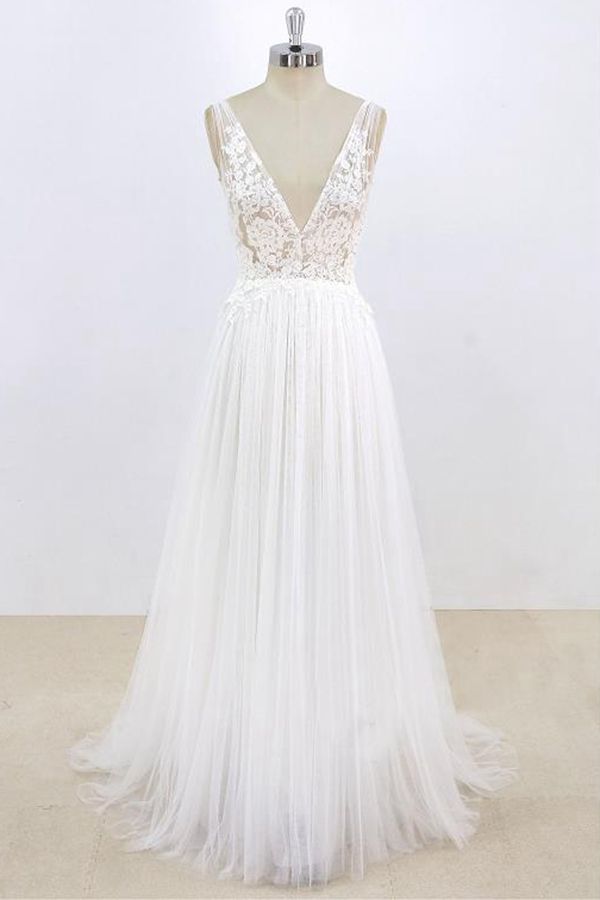 Long A-line V-neck Lace Tulle Open Back Wedding Dress