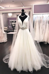 Long A-line V Neck Satin Tulle Wedding Dress