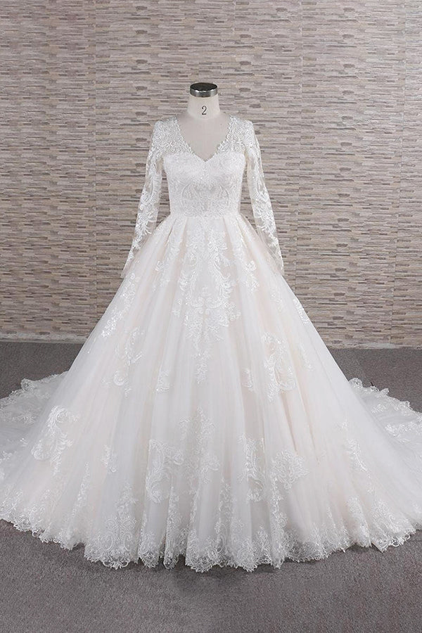 Long A-line V-neck Tulle Appliques Lace Wedding Dress with Sleeves