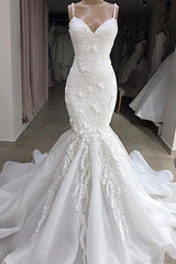 Long Mermaid Spaghetti Strap Appliques Lace Wedding Dress