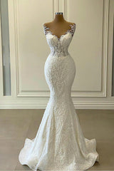 Long Mermaid Sweetheart Appliques Lace Wedding Dress With Detachable Train