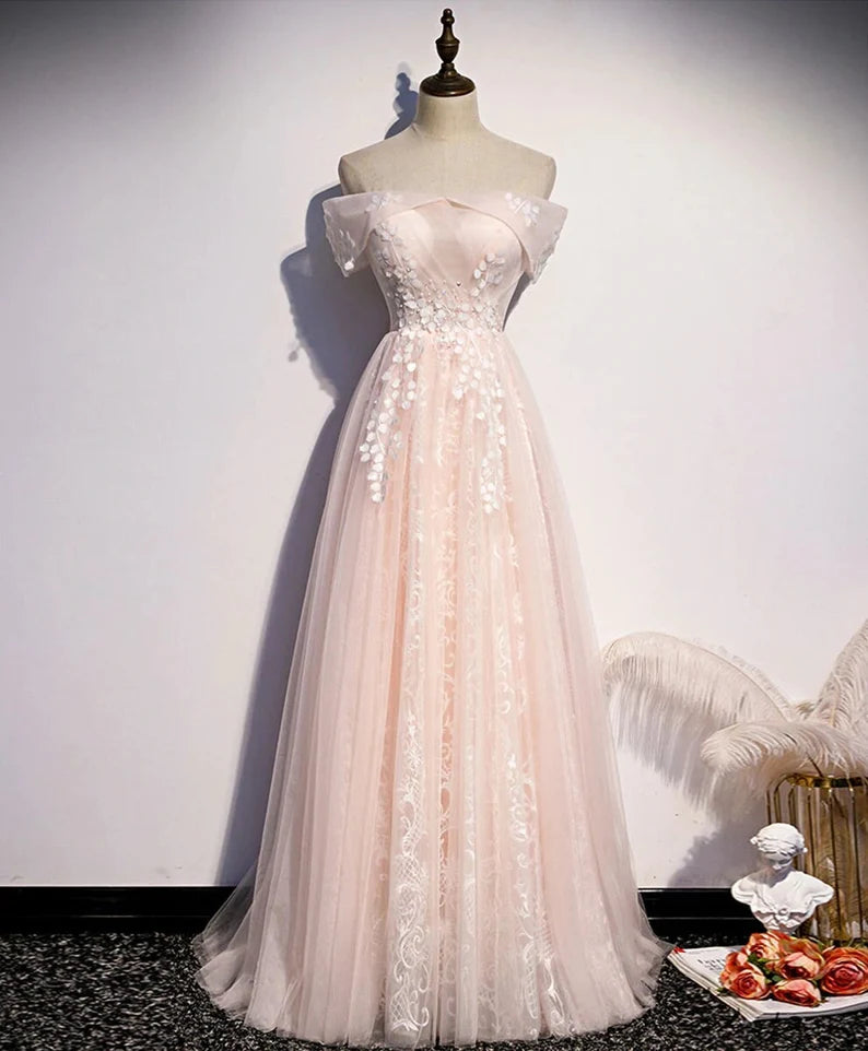 Long Pink Off Shoulder A-line Prom Dress with Lace, Sweetheart Evening Dress