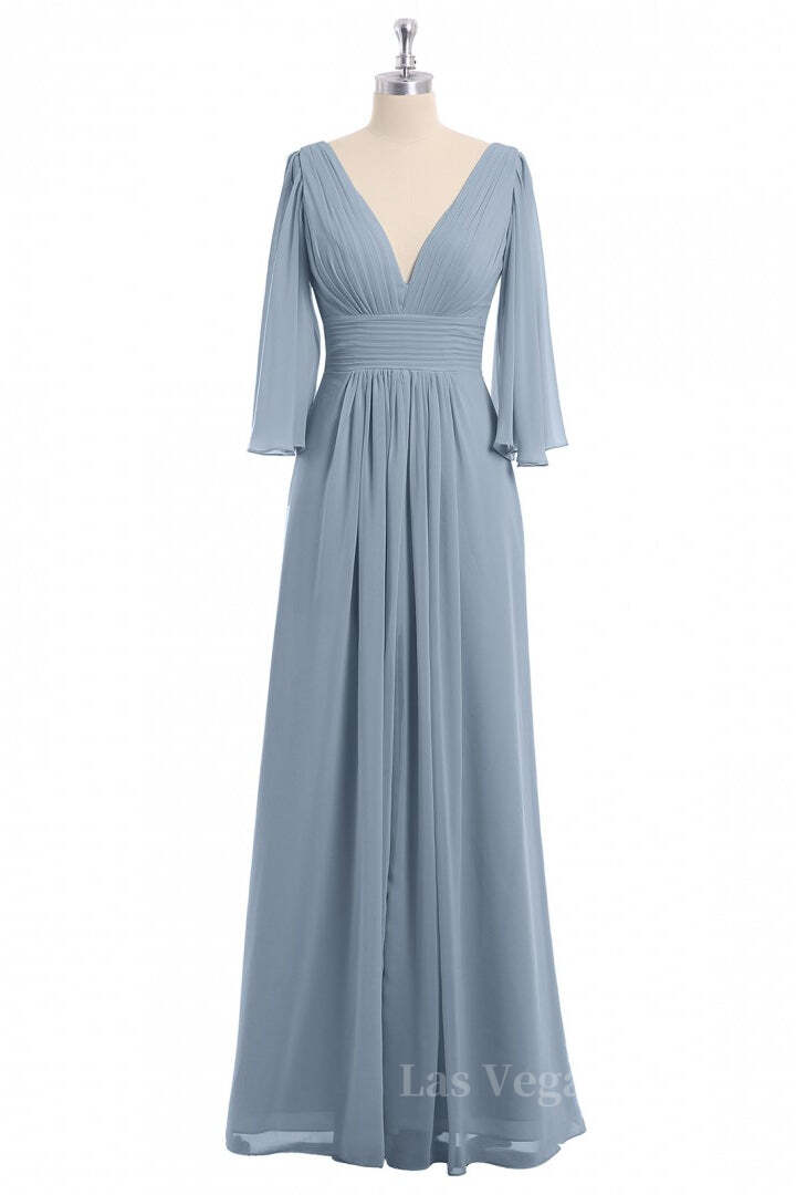 Long Sleeve Empire Dusty Blue Long Bridesmaid Dress