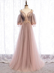 Long Sleeves Pink Tulle Long Party Dress with Lace, Pink Floor Length Prom Dress