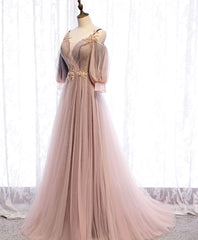 Long Sleeves Pink Tulle Long Party Dress with Lace, Pink Floor Length Prom Dress
