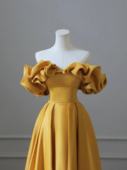 Yellow Satin Long Prom Dress, Off Shoulder A-Line Evening Dress