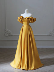 Yellow Satin Long Prom Dress, Off Shoulder A-Line Evening Dress