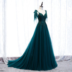 Lovely A-line Straps Tulle Teal Blue Long Evening Dress Prom Dress, A-line Formal Dresses