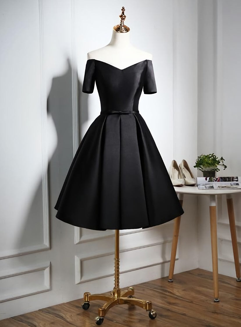 Lovely Black Satin Short Prom Dress, Black Party Dress