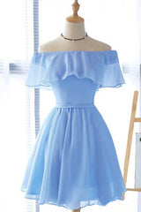 Lovely Blue Short Chiffon Off Shoulder Party Dress, A-line Prom Dress