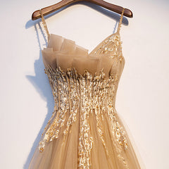 Lovely Champagne Tulle with Lace Long Formal Dress, Champagne Prom Dress