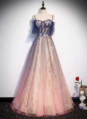 Lovely Gradient A-line Tulle with Lace Long Prom Dress, Long Formal Dress Party Dress