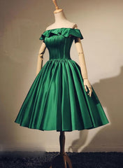 Lovely Green Satin Off Shoulder Knee Length Homecoming Dress, Short Prom Dress