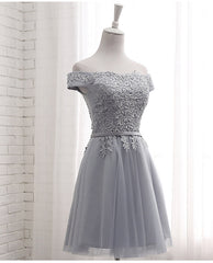 Lovely Grey Short Tulle Party Dress with Lace Applique, Bridesmaid Dresses  Cute Formal Dress