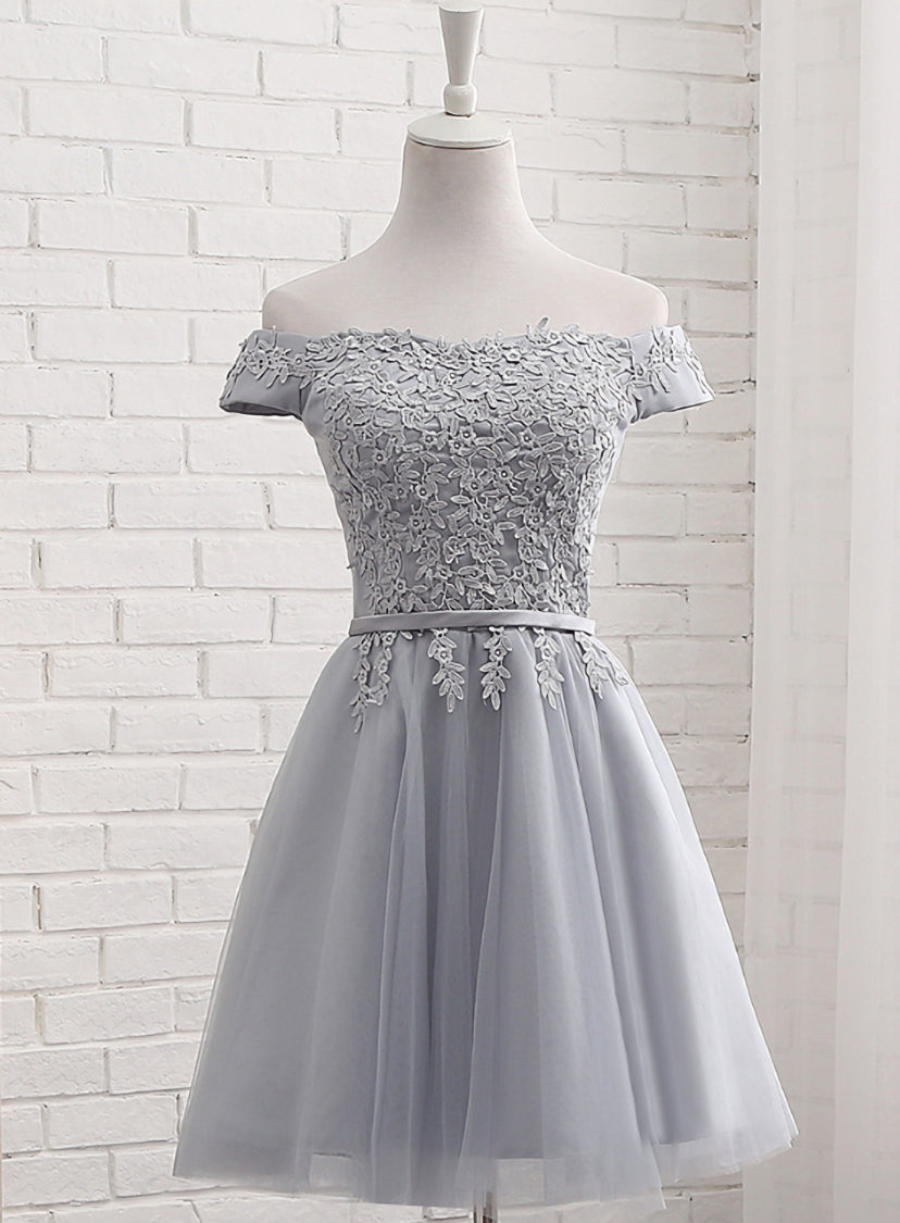 Lovely Grey Short Tulle Party Dress with Lace Applique, Bridesmaid Dresses  Cute Formal Dress
