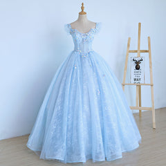 Lovely Light Blue Lace Cap Sleeve Sweet 16 Prom Dress, Evening Dress